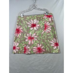 Talbots Floral Skirt Womens 18 Tan Pink Green Cotton Stretch A-Line Side Zip